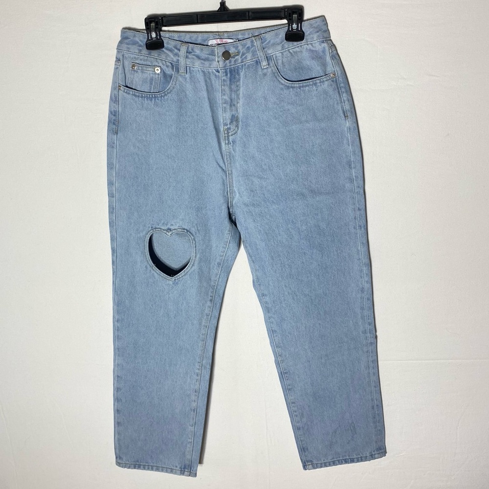 Tal Clothing Light Wash Blue High Rise Cropped Jeans W Heart Cutout 31